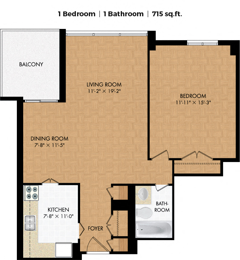 Floor plan for 1 bed, 1 bath, 726 sqft